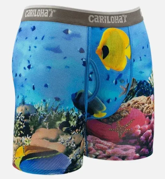 Cariloha boxer briefs printed with tropical fish and a coral reef.