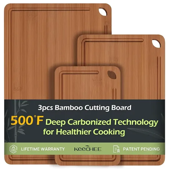Three nested bamboo cutting boards in a product graphic.