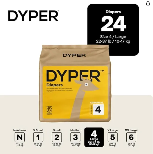 Package of 24 Dyper diapers in size 4, with the size chart shown below.