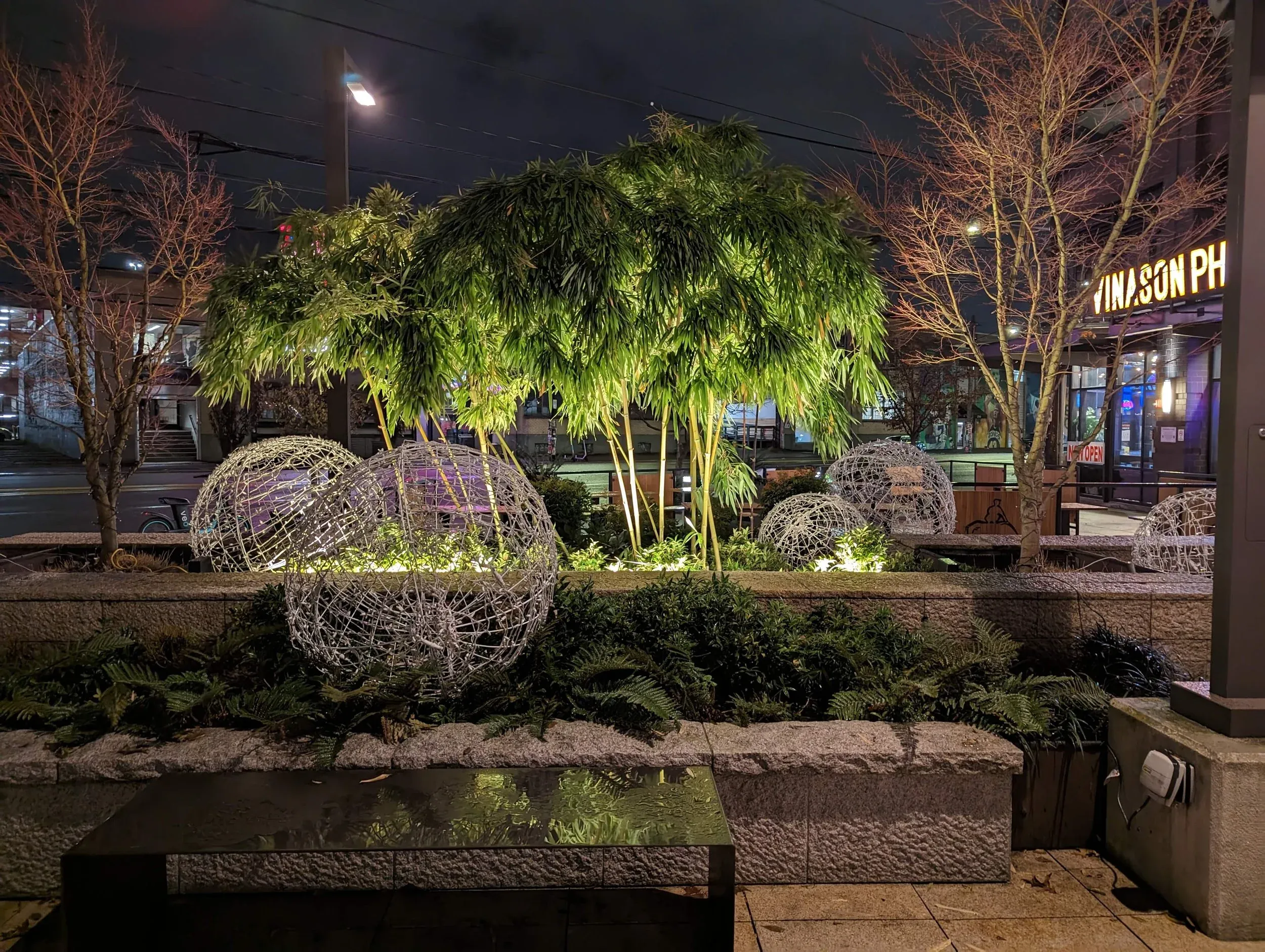 Illuminated bamboo landscaping in a plaza at night with spherical decorations.