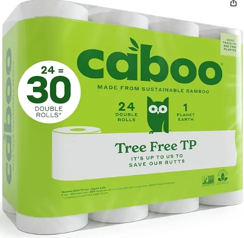 Green Caboo package containing 24 rolls of bamboo toilet paper.
