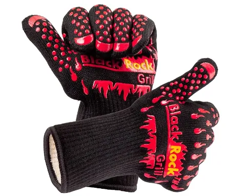 Pair of black and red Black Rock Grill heat-resistant gloves.