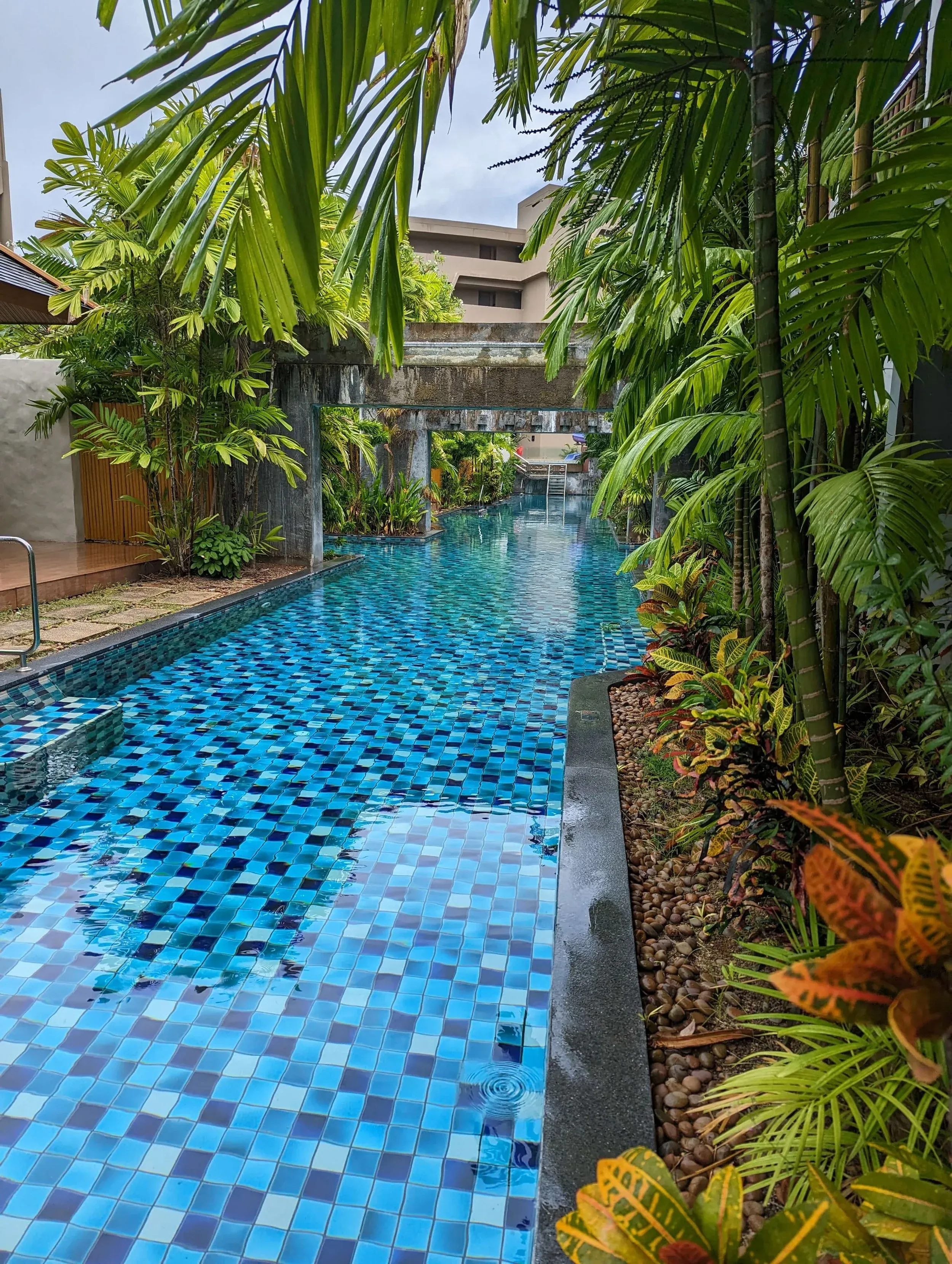 Blue-tiled pool bordered by tropical plants and bamboo at the Metadee resort.
