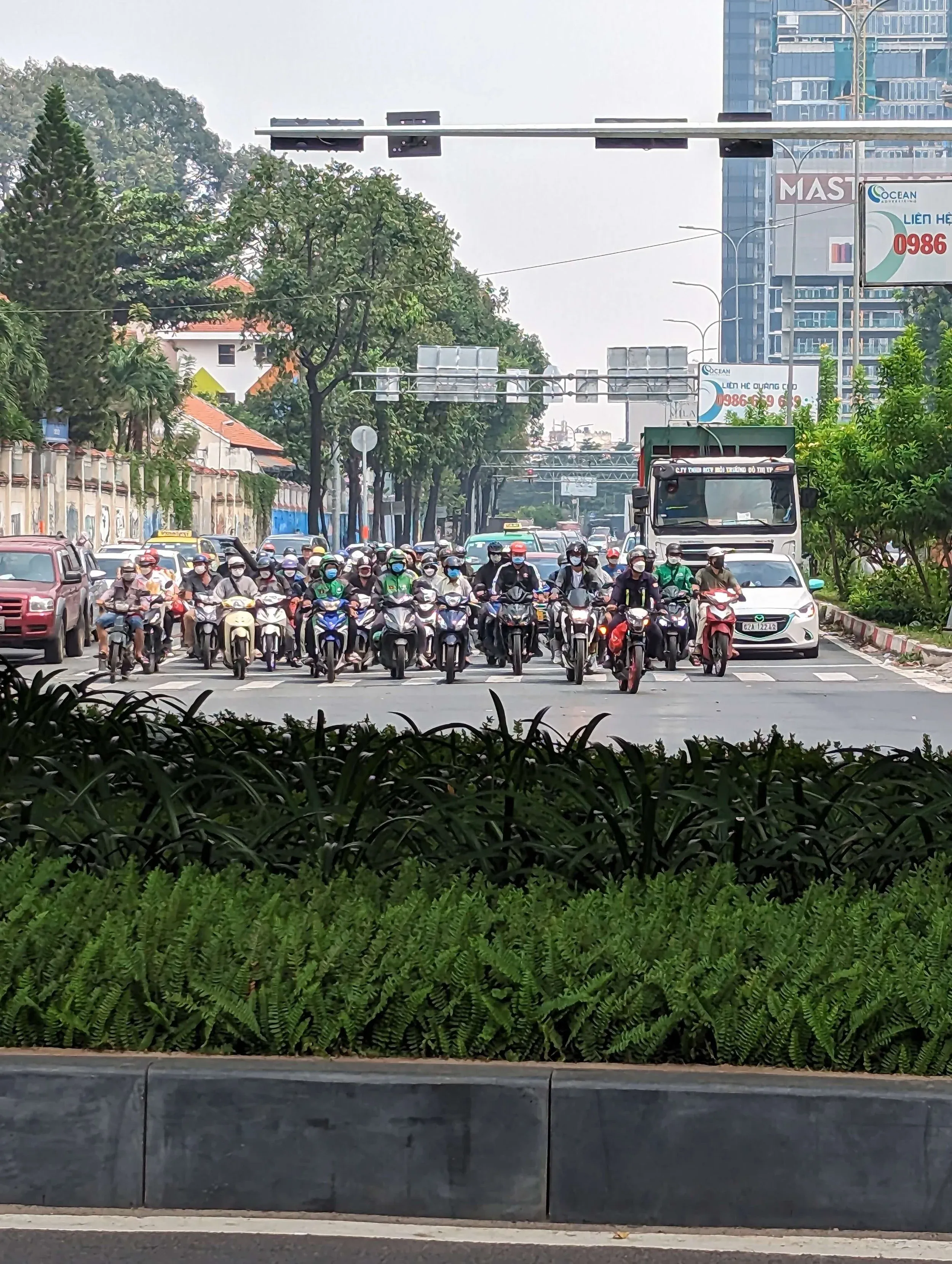 A large group of motorbike riders waits at a busy intersection near Saigon Zoo.