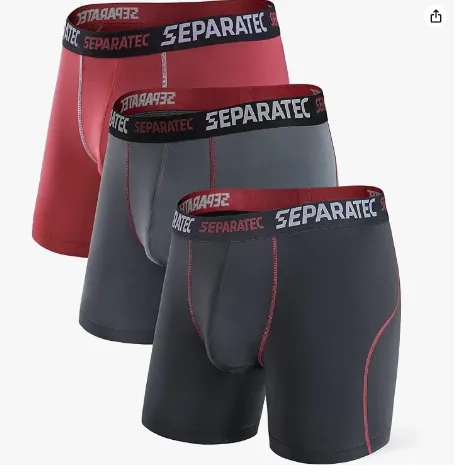 Three pairs of Separatec boxer briefs in red and dark gray.